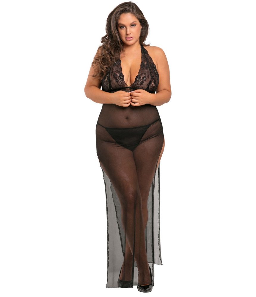 Nuisette longue grande taille fendue transparente 